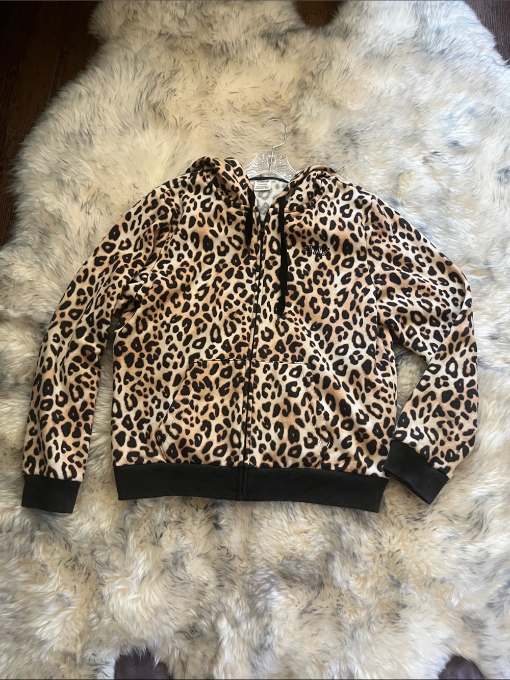 PINK NEW Leopard Print Zip Hoodie - Tan & Black
